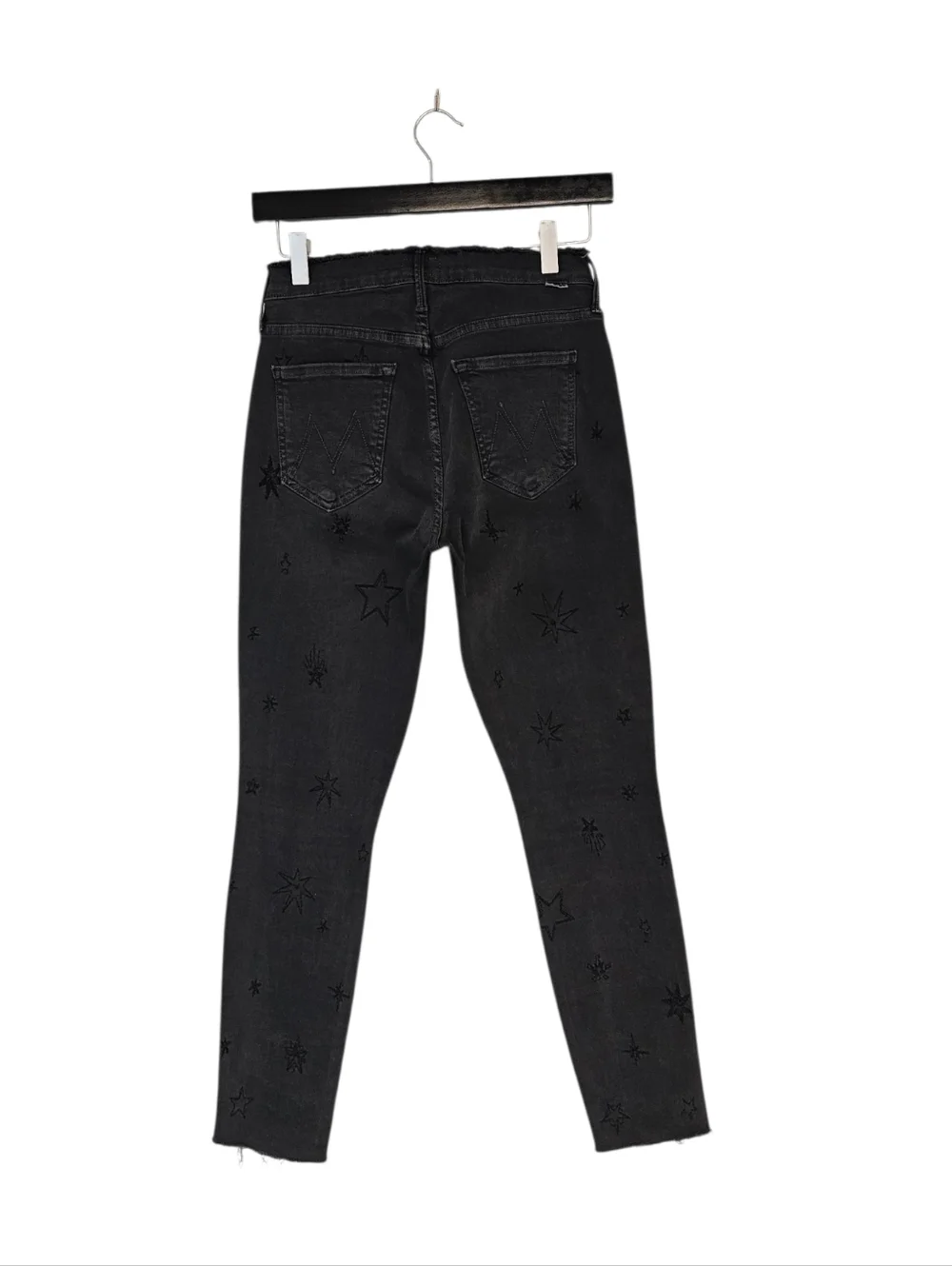 MOTHER The Double Fray Charmer Star Embroidered High Skinny Black Gray Jeans 27
